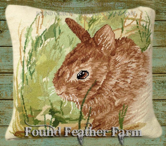 Handmade Wool 18" x 18" Needlepoint Pillow of a Baby Bunny with Down Fill
