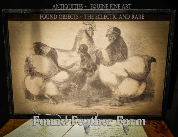 Wood Framed Primitive Chicken Print Giclee on Linen Canvas