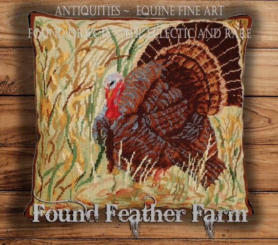 Handmade Wool Needlepoint Pillow of A Wild Turkey In the Field