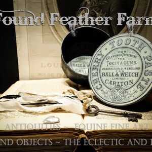 May include: Vintage tin container with a white lid and black lettering that reads "Cherry Tooth Paste" for "Cleansing & Preserving the Teeth & Gums" manufactured in England for Ball & Welch Limited, Carlton. The tin is sitting on an open book with a key and a feather.