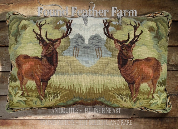 Handmade Large 18" x 28" Needlepoint Wool Pillow of Two English Red Stags