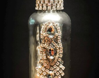 Vintage Mercury Glass Tall Bottle Jeweled with Rhinestones and Topped with a Crown
