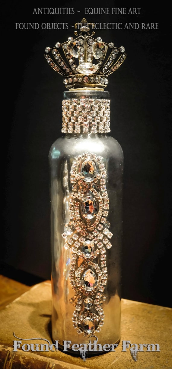 Vintage Mercury Glass Tall Bottle Jeweled with Rhinestones and Topped with a Crown