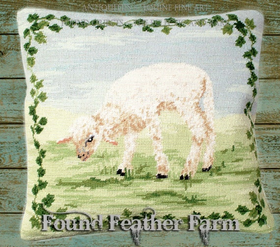 Handmade 18" x 18" Wool Needlepoint Pillow of a Newborn Baby Lamb with Down Fill