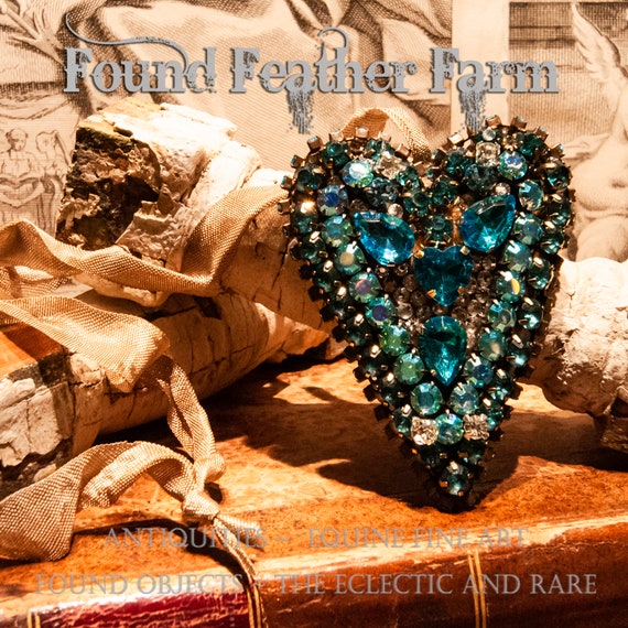 Handmade Tin Ex Votos Heart Embellished With Sparkling Clear and Turquoise Pronged Crystal Jewels