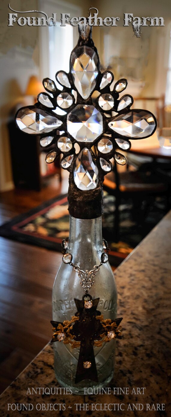 Elements of Grace Collection ~ Handmade Antique Glass Cross Bottle with a Rare 1800's Pale Green Antique Bottle