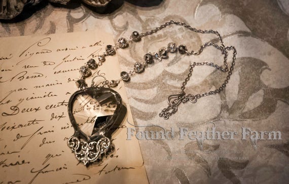 Handmade Vintage Crystal Heart Pendant with Silver Victorian Detail and Handmade Bead Necklace Chain