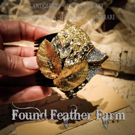 Vintage Black Hair Comb Embellished with Golden Leaves and Sparkling Rhinestones