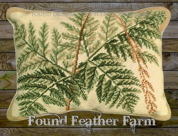 Handmade Wool 20" x 16" Needlepoint Pillow of a Beautiful Forest Ferns with Down Fill