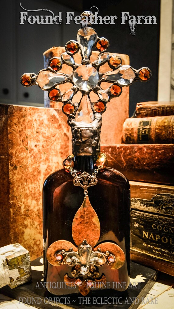 Elements of Grace Collection ~ Handmade Antique Glass Cross Bottle with a Rare 1880's Dark Mahogany Antique Bottle
