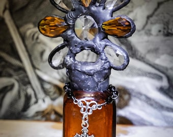 Handmade Glass Cross Bottle With a Century Old Antique Glass Bottle Base and Vintage European Crystals Heirloom Whispers Collection