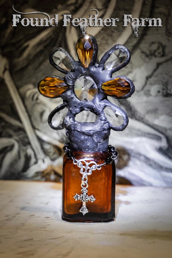 Handmade Glass Cross Bottle With a Century Old Antique Glass Bottle Base and Vintage European Crystals Heirloom Whispers Collection