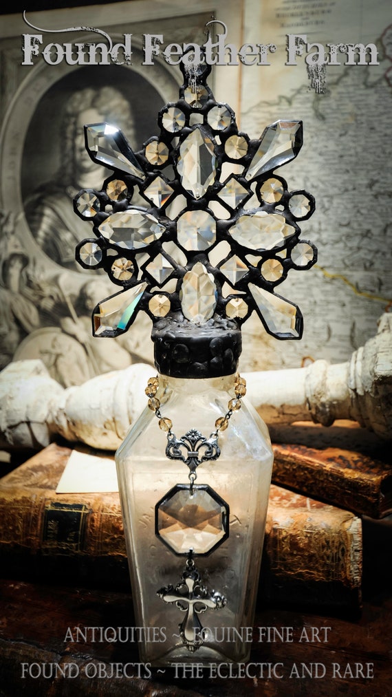 Handmade Cross Bottle With a Century Old Antique Milky Clear Glass Bottle Base and Vintage European Crystals