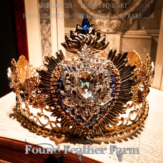 A Gorgeous Handmade Large Gilded Lace Tin Crown Embellished with a Sacred Heart, Cobalt and Topaz Rhinestones