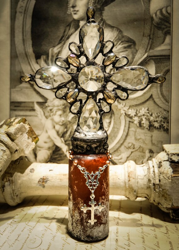 Ancient Archaeological Finds Series Handmade Glass Cross Bottle with a 1800s' Antique Chalky Mahogany Brown Australian Medicine Bottle