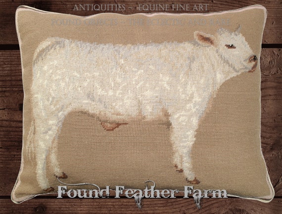 Handmade Wool 20" x 16" Needlepoint Pillow of an Charolais Calf with Down Fill