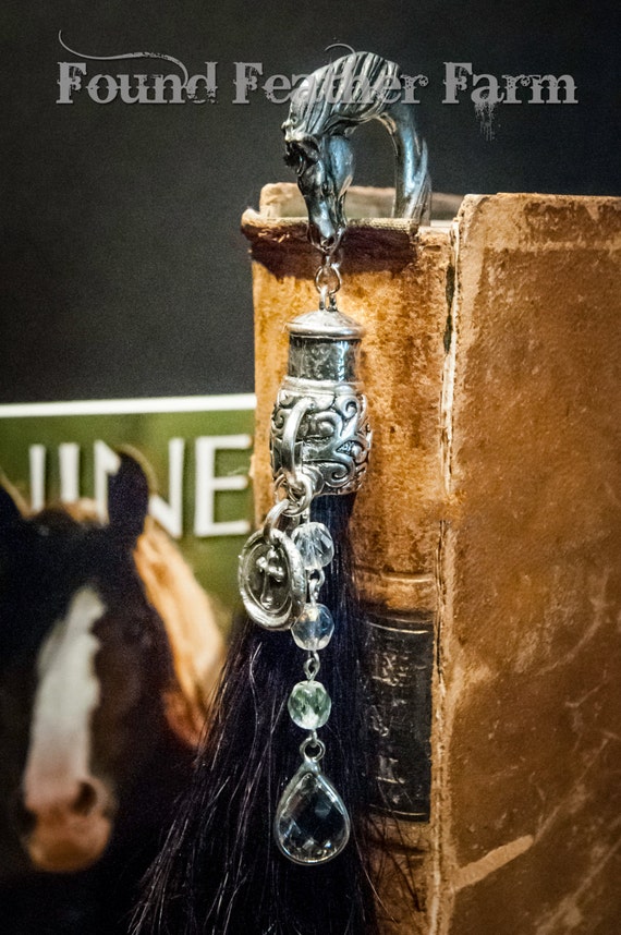 Handmade Horsehair Tassle with a Pewter Horsehead Bookmark Embellished with Crystals, Czech Beads and A Sterling Silver Cross Seal