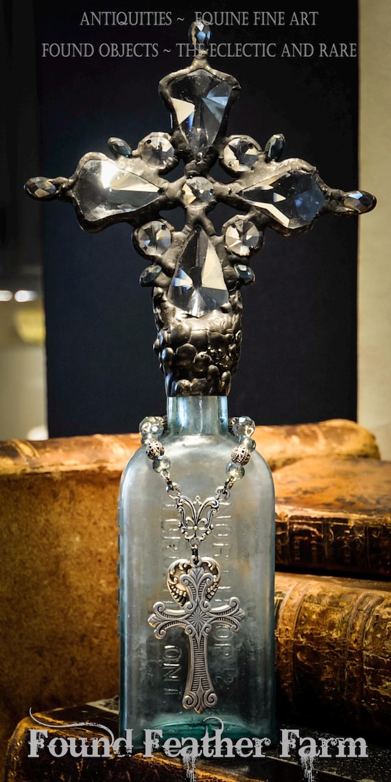 Elements of Grace Collection ~ Handmade Antique Glass Cross Bottle with a 1850's Antique Medicine Bottle