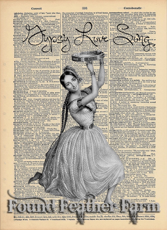 Vintage Antique Dictionary Page with Antique Print "Gypsy Love Song"