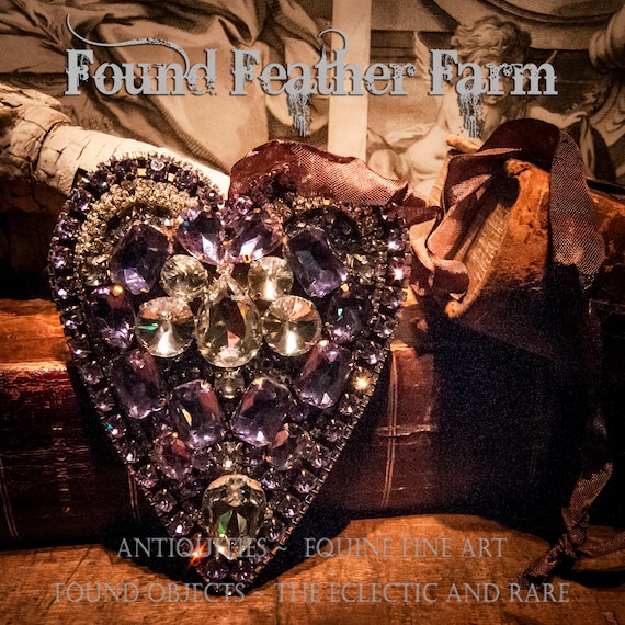 Handmade  Ex Votos Tin Heart Embellished With Sparkling Clear and Lavender Pronged Crystal Jewels