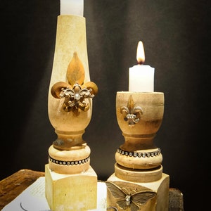 Pair of Antique Handmade Antique Balustrade Candle Holders With Rhinestone Sparkle