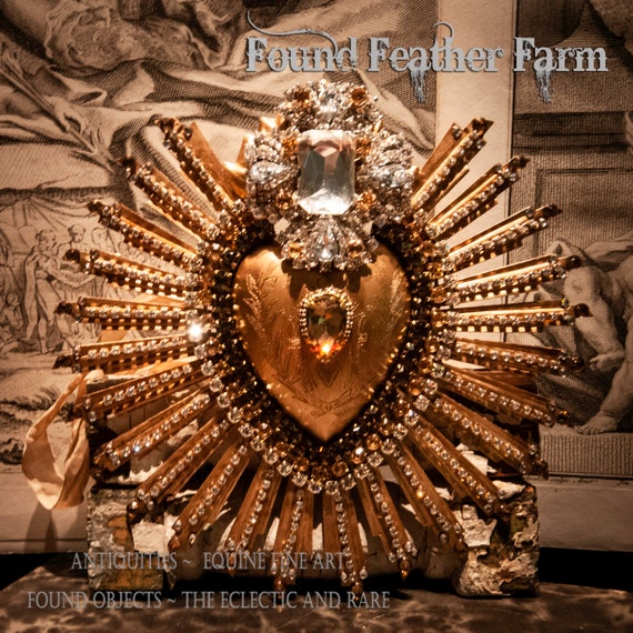 A Large Antique Gold Tin Sacred Heart Milagro With Sunburst Rays and Heavily Laden with Rhinestone Jewels