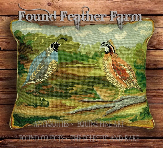 Handmade Needlepoint Pillow of Quail in the Fields with a Down Insert