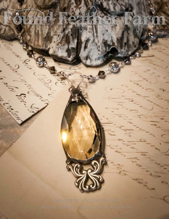 Handmade Vintage Honey Teardrop Crystal Pendant with Silver Victorian Detail and Handmade Bead Necklace Chain