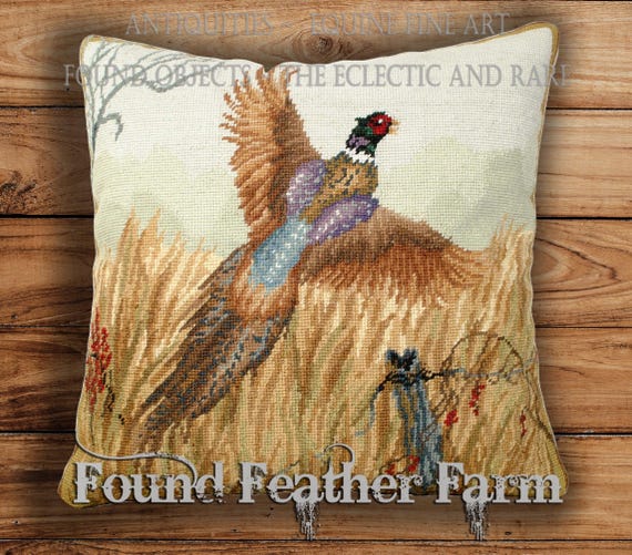 Handmade Needlepoint Pillow with a Pheasant in Flight and a Down Insert