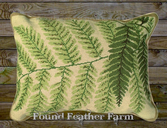 Handmade Wool 20" x 16" Needlepoint Pillow of Beautiful Forest Ferns with Down Fill