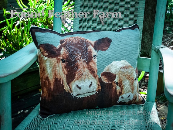 Handmade 20" x 16" Wool Needlepoint Pillow of a Cow and Calf with a Down Fill