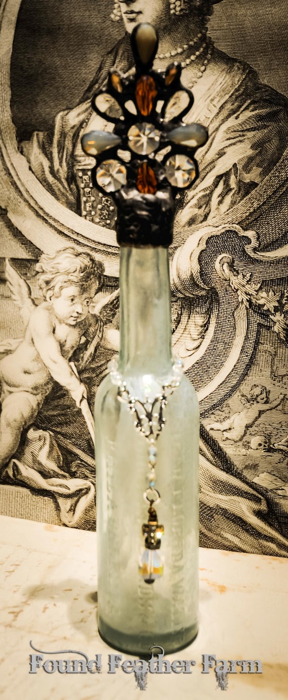 Heirloom Whispers Collection Handmade Glass Cross Bottle With a Century Old Antique Bottle Base and Vintage European Crystals