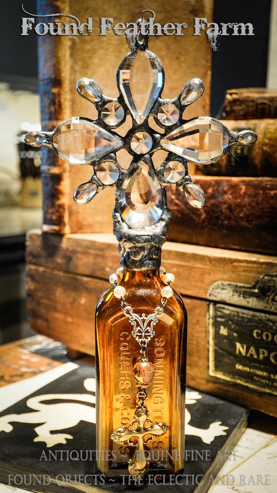 Elements of Grace Collection ~ Handmade Antique Glass Cross Bottle with a Rare 1800's Antique Bottle From New Zealand