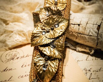 A Vintage Handmade French Hair Clasp with Gilded Leaves and Rhinestones