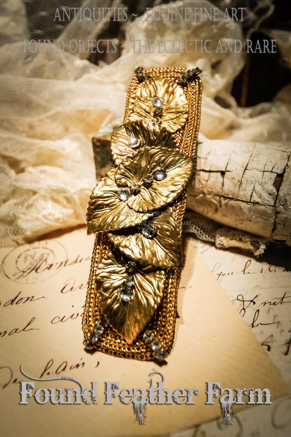 A Vintage Handmade French Hair Clasp with Gilded Leaves and Rhinestones