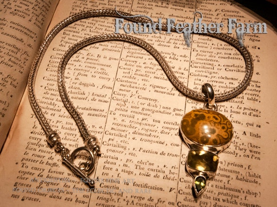 Vintage 925 Silver Pendant Necklace with a Jasper Stone and Citrine Faceted Stones