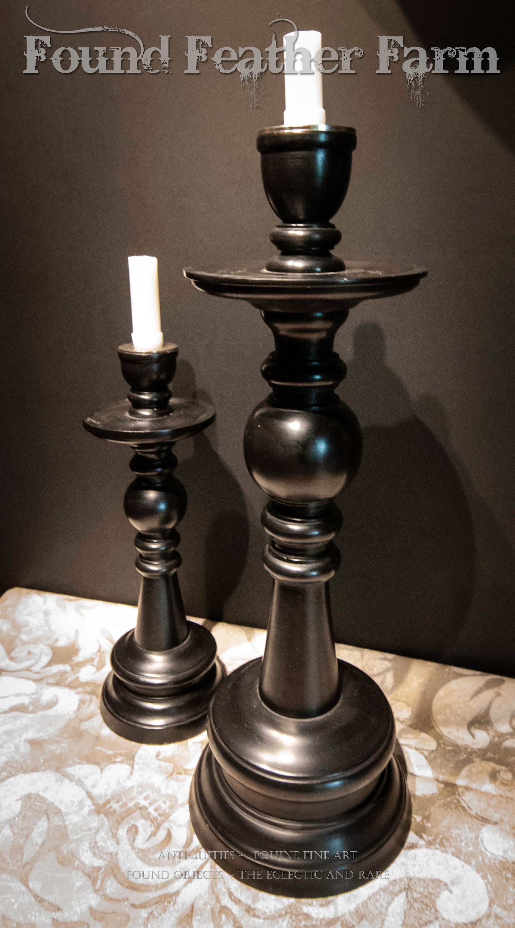 Pair of Vintage Wooden Black Candle Holders with Brushed Steel