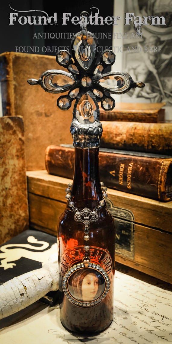 Elements of Grace Collection ~ Handmade Antique Glass Cross Bottle with a late 1800's Dark Mahogany colored Antique Bottle