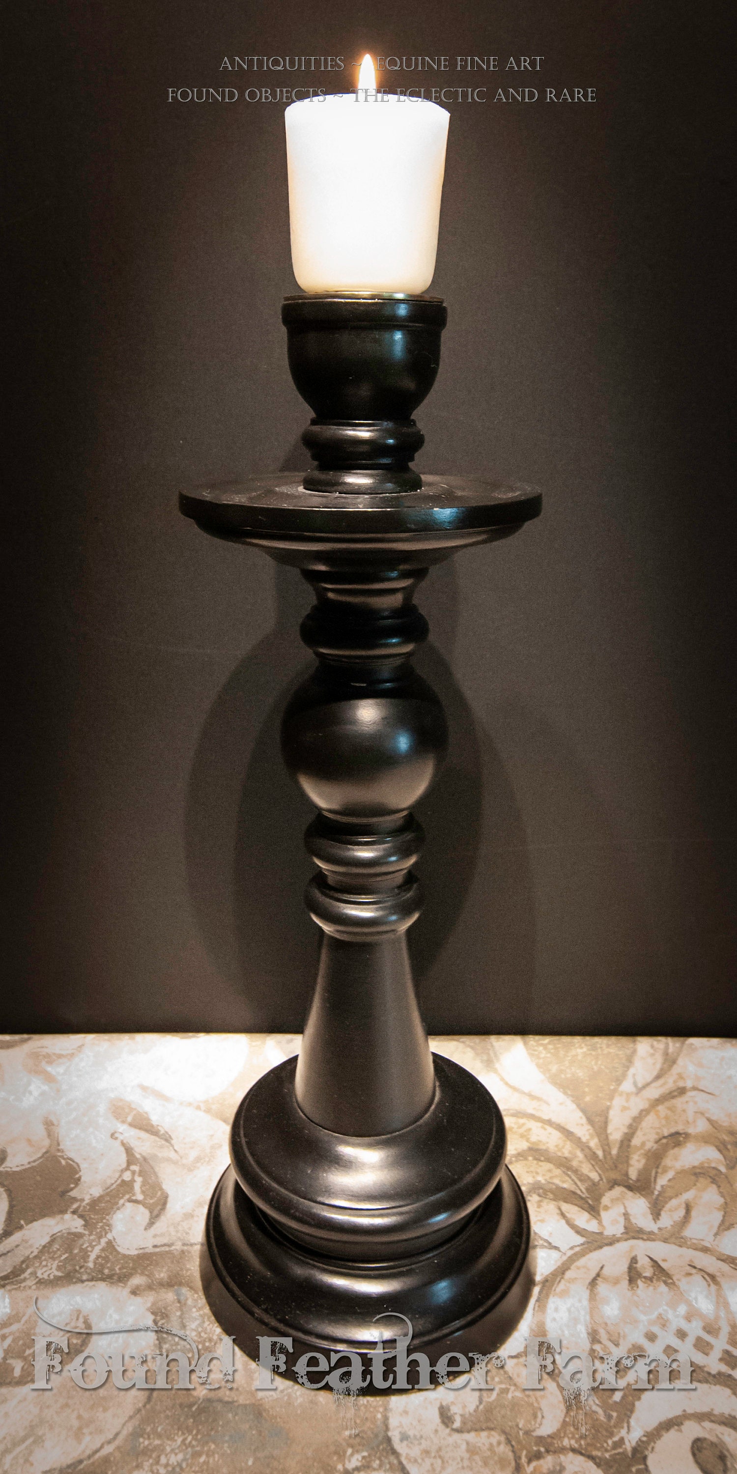Pair of Vintage Wooden Black Candle Holders with Brushed Steel