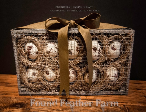 Faux Speckled Bird Eggs in a Wired Wooden Crate with a Golden Grosgrain Ribbon