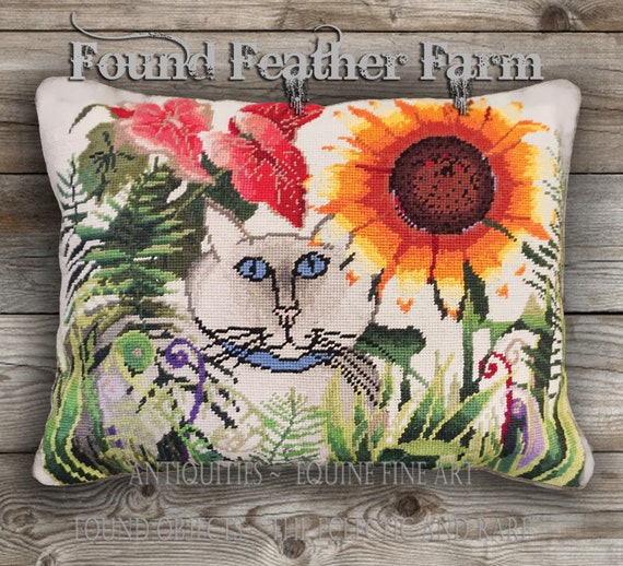 Handmade Needlepoint Wool Pillow "Cat in the Garden" with Goose Down Insert