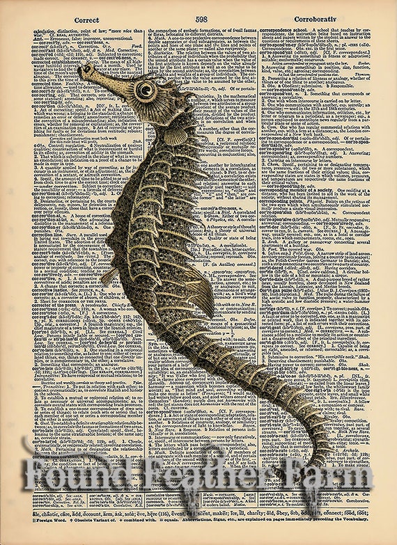 Vintage Antique Dictionary Page with Antique Print "Seahorse"