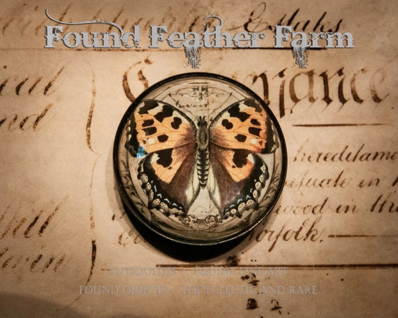 Vintage Small Round Dome Handmade Paperweight with Digital Butterfly and Ephemera