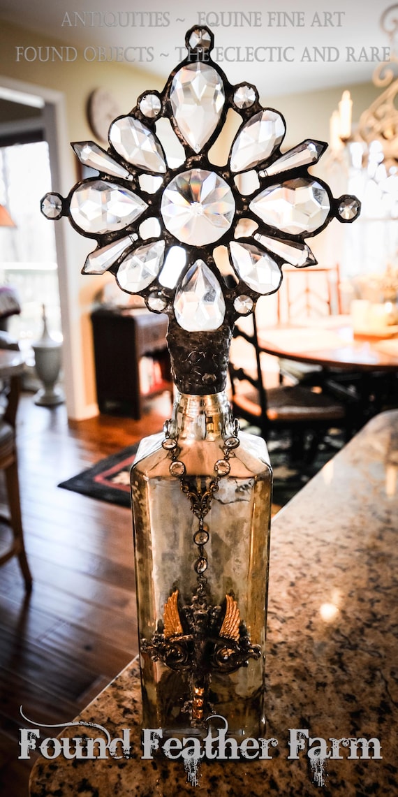 Elements of Grace Collection ~ Handmade Antique Glass Cross Bottle with a Faux Mercury Glass Royal Stag  Indian Whiskey Bottle