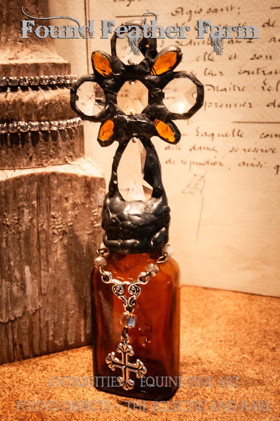 Handmade Glass Cross Bottle Heirloom Whispers Collection With a Century Old Antique Mahogany Glass Bottle Base and Vintage European Crystals