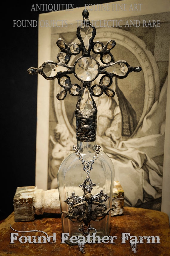 Heirloom Whispers Collection Handmade Antique Pale Aqua Glass Cross Bottle with Vintage European Crystals