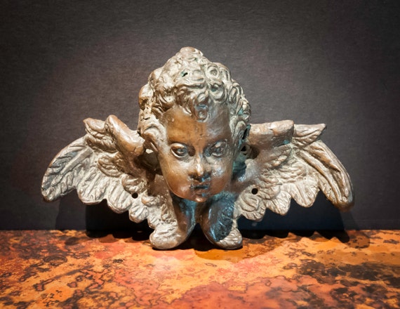 Antique Bronze Cherub Head with Wings from England