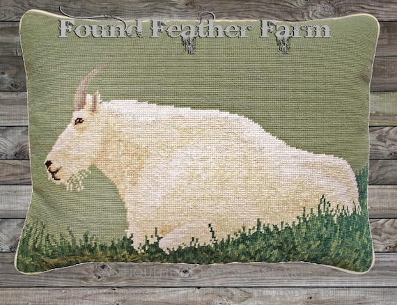 Handmade Wool Needlepoint Pillow of an 18" x 18" Mountain Goat with Goose Down Fill