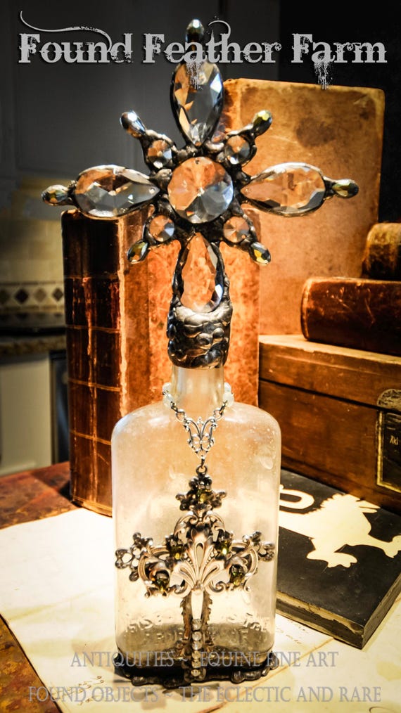 Elements of Grace Collection ~ Handmade Antique Glass Cross Bottle with a Rare 1800's Pale Green Antique Bottle