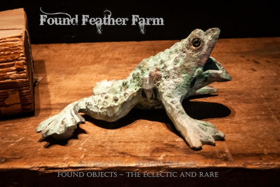 Handmade Bronze Croaking Frog with Verdigris Patina